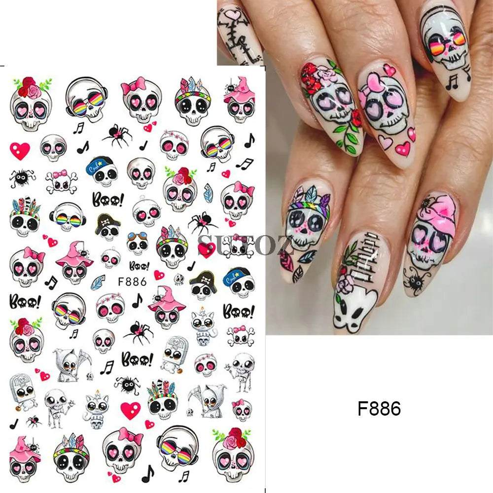 sengpan 5D Embossed Halloween Nail Stickers Skull Chams Spooky Flower Ghost Nail Decals Spider Web Skeleton Sliders for Manicure NTJI-5D