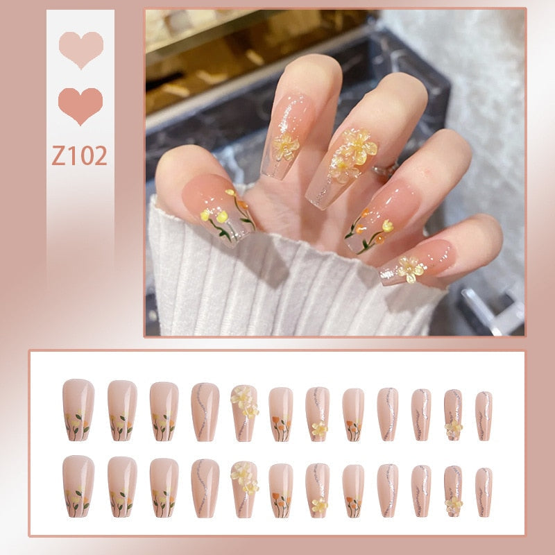 sengpan 24P Nail Art Fake Nails Japanese Ballerina Press on Nails Set Diamond Streamer Flash Fly Butterfly Seamless Removable False Nail