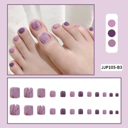 sengpan Flow Chocolate Design Artificial Toenails Glossy Fashion Toe Fake Nails with Glue Wearable Short Flat Shape Fake Toenails