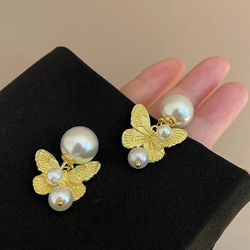 Lianfudai 2024 New Personality Pearl Butterfly Earrings Delicate Niche Design Advanced Sense Two Wear 925 Silver Needle Earrings