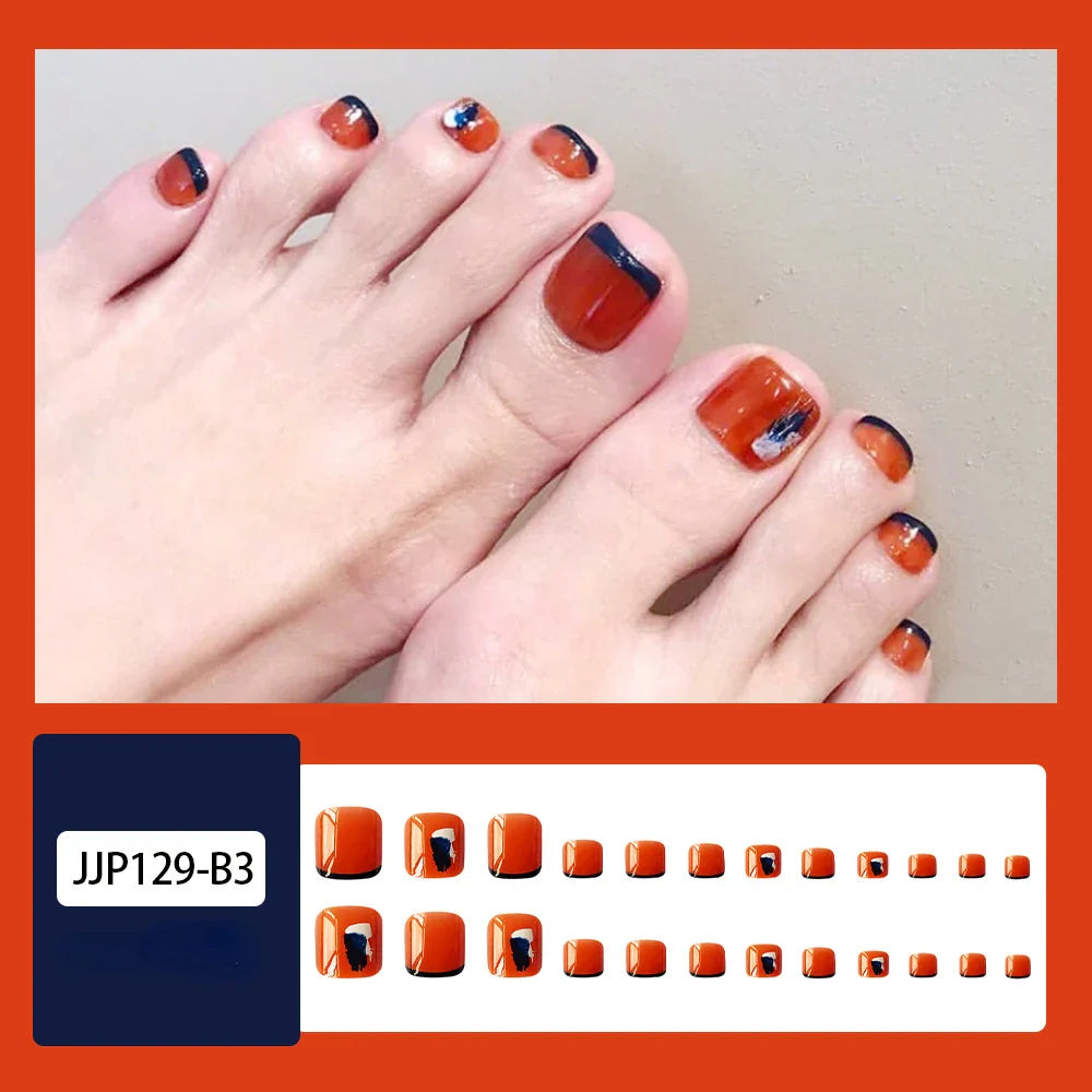 sengpan Flow Chocolate Design Artificial Toenails Glossy Fashion Toe Fake Nails with Glue Wearable Short Flat Shape Fake Toenails