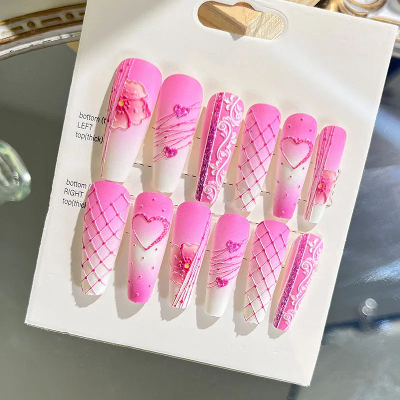 sengpan 12pcs Wearable Press on Fake Nails with Relief Design Shiny Design  Lovely Girl False Nail with Wearing Tools Nail Art Supplies