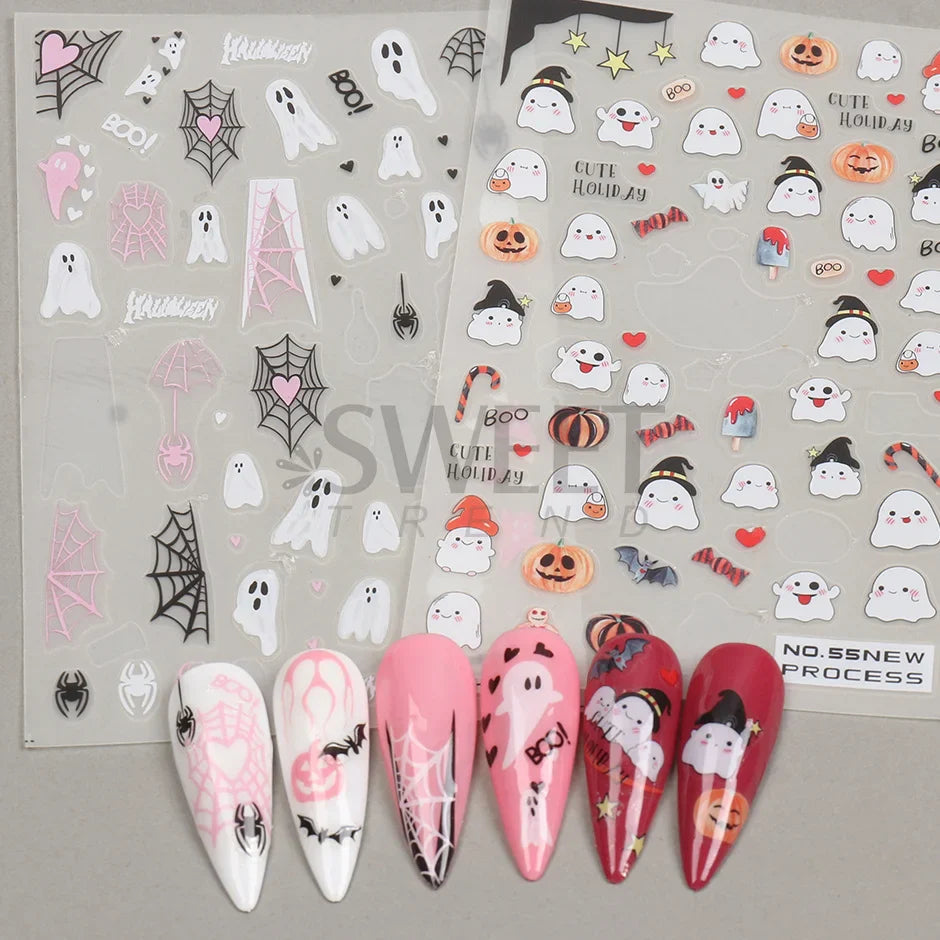 sengpan Halloween 3D Heart Web Nail Sticker Cute Holiday Cartoon Design Spider Pumpkin Ghost  Sliders for Nails Manicure Decor SANO53