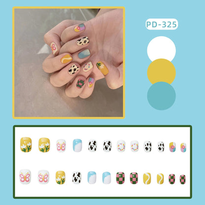 sengpan 24P Cute Childlike Rainbow Nail Art Full Cover Artificial Fake Nails Wearing Reusable False Nails Ballerina Press on Nail Art