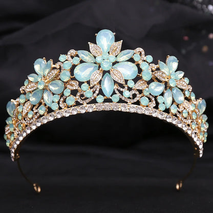 sengpan Luxury Green Opal Crystal Flower Water Drop Tiara Crown Women Wedding Party Elegant Bridal Bride Crown Hair Accessories