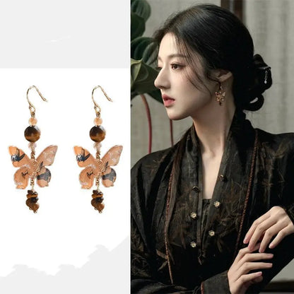 sengpan Butterfly Earrings Senior Sense Light Luxury Niche Earrings Tiger Eye Stone Earrings Female Ancient Style Accessories Wholesale