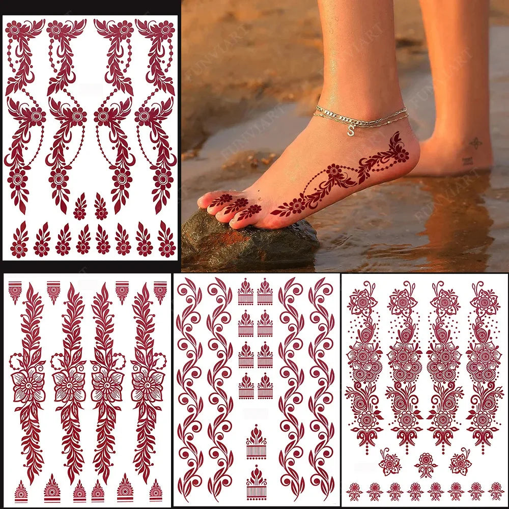 sengpan Brown Henna Tattoo Stickers for Foot Hand Flower Fake Tattoo for Women Waterproof Temporary Tattoos for Wedding Party Festival