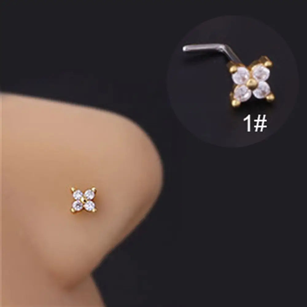 Lianfudai New Fashion Unisex Zircon Punk Style Nose Nail Titanium Steel L Shaped Nose Studs Piercing Jewelry