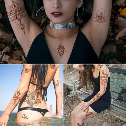 sengpan Brown Henna Lace Temporary Tattoos Sticker For Women Mehndi Stickers for Hand Neck Body Feather Flora Henna Tattoo Waterproof