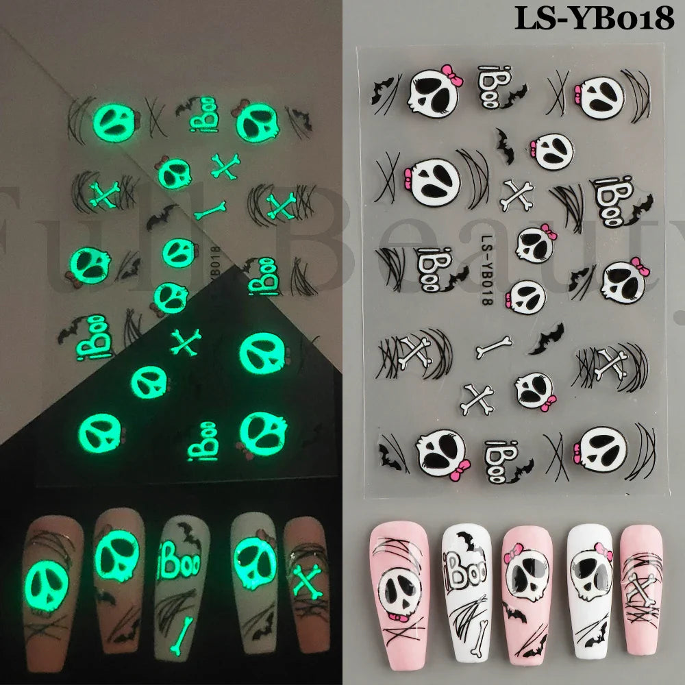 sengpan Luminous Nail Stickers Glow In Dark Halloween Nail Art Decoration Cartoon Skull Ghost Sliders Bones Spider Decal Tattoo GLYB-018