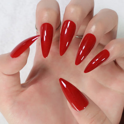 sengpan Stiletto Mirror Red Light Gossy Red Color Fingernails Sharp Fake Nails Art Medium Size Press On Nails Wholesale With Tabs