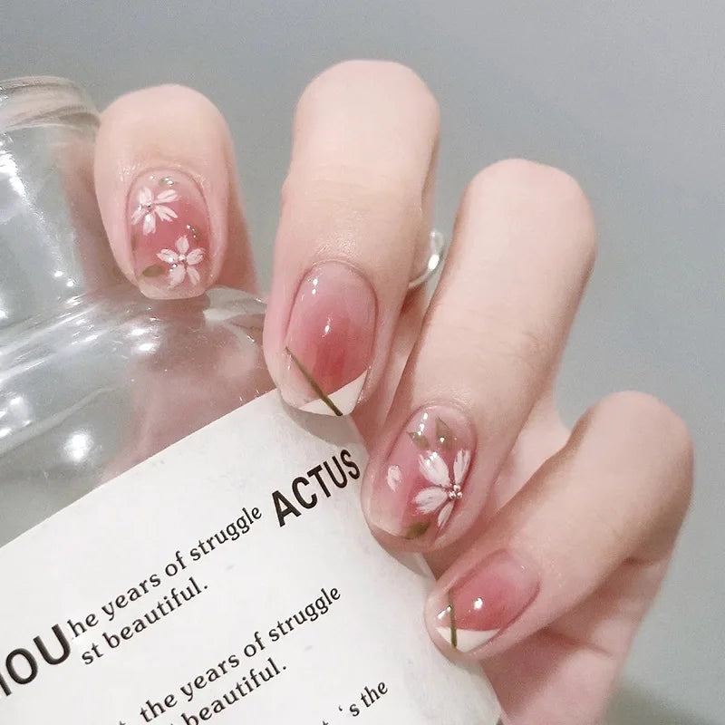 Lianfudai 24Pcs Almond Fake Nails Gradient Pink Flower Designs Full Cover False Nails for Women Spring Summer Press on Nails Tips 2024