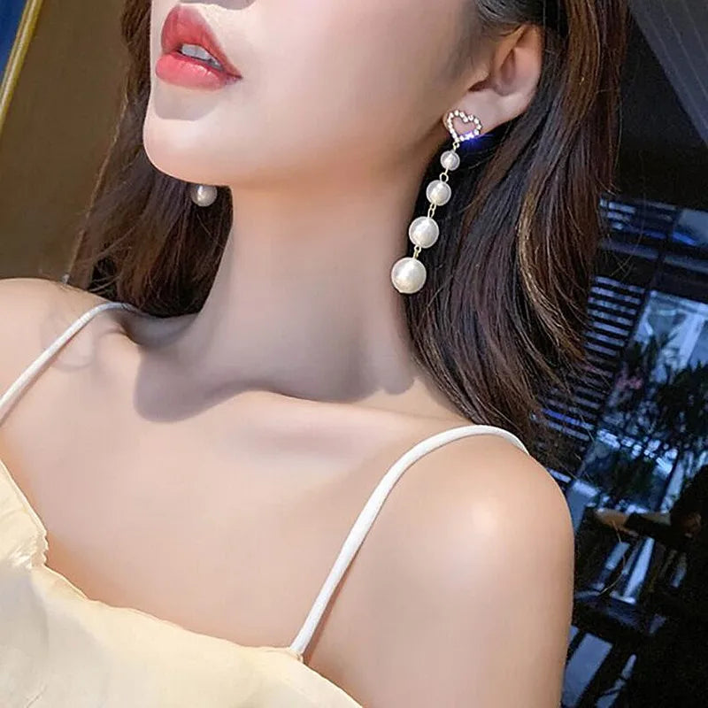 sengpan New Trendy Long Tassels Pearl Pendant Eardrop For Women Wedding Fashion Elegance Jewelry Hollow Out Heart-Shape Zircon Earrings