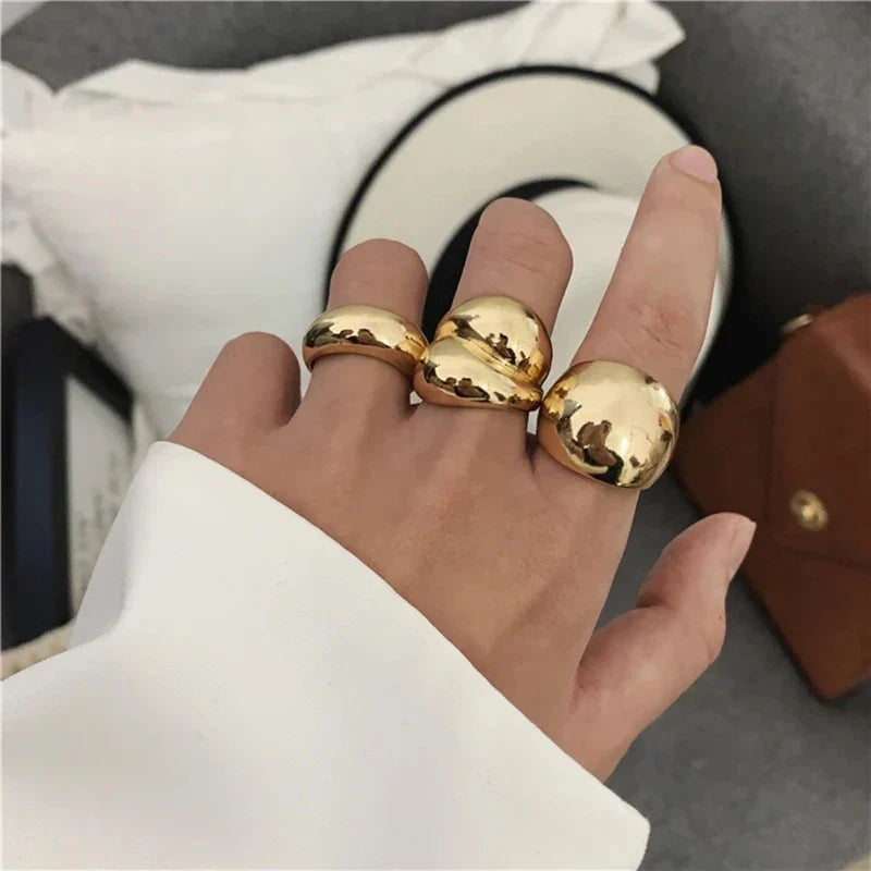 Lianfudai  NEW Exaggeration Punk Water Droplets Distortion Irregular Wide Version Gold Color Ring For Women Party Jewelry