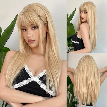 sengpan Ombre Synthetic Straight Cosplay Women Hair Platinum Blonde to Black Hair Long Layered Natural Wigs with Bangs for White Women