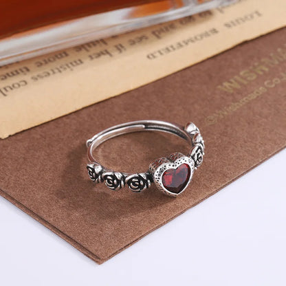 sengpan  Silver Rings For Women Men Red Heart Simple Trendy Retro Adjustable Anillos Party Gifts Fine Accessories