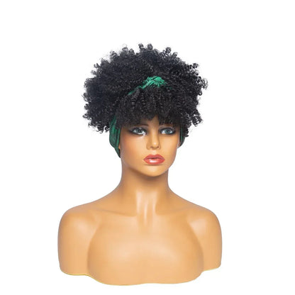 sengpan Short Kinky Curly Headband Wigs  Afro Puff Curly Headband Wig For Women Natural Synthetic Turban Wrap Wig  Cosplay Daily Use