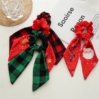 sengpan Ponytail Ribbon Hair Tie Santa Claus Elastic Hair Band Christmas Style Plaid Scrunchies Simple Fashion DIY Hair Accessories