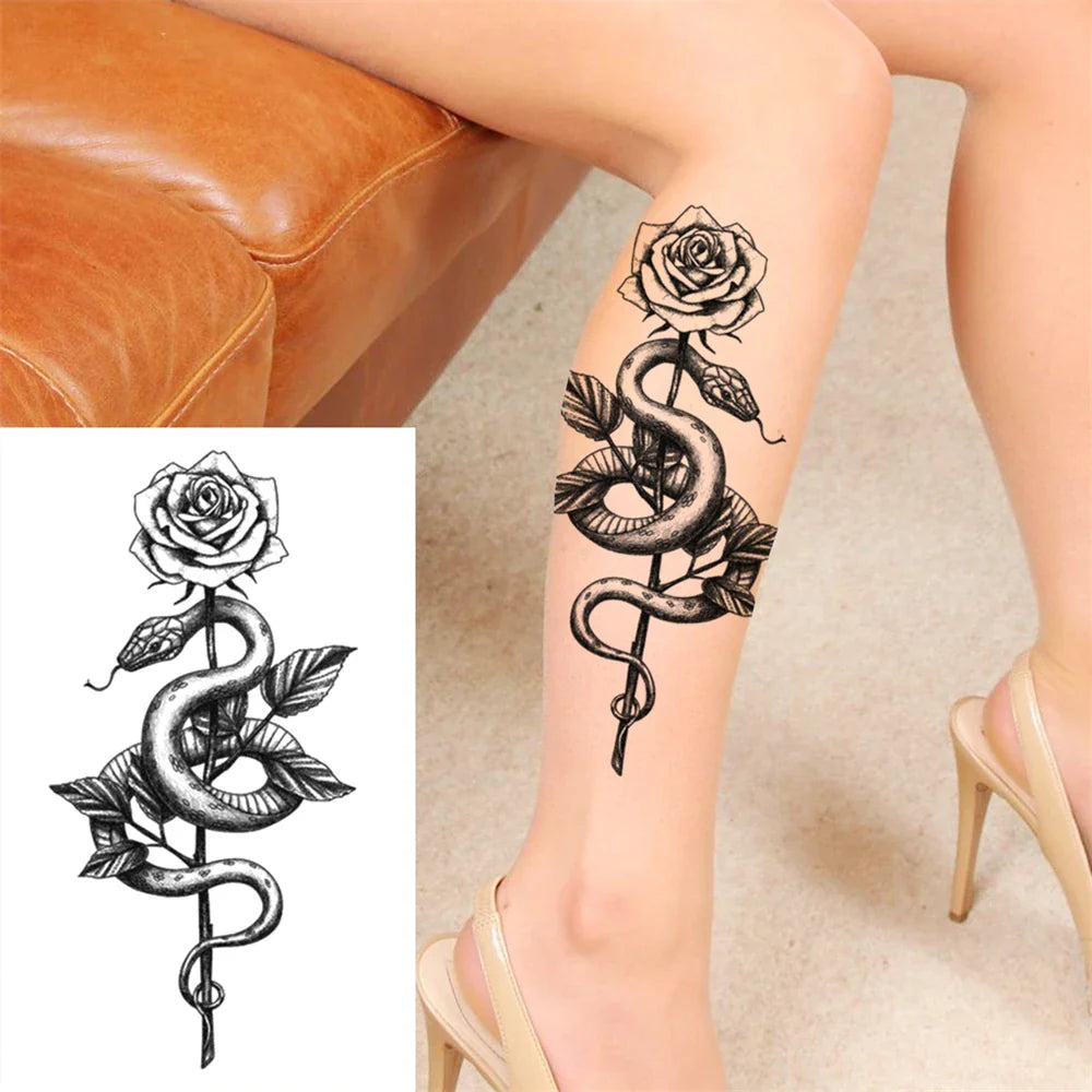 sengpan Death Skull Flower Temporary Tattoo For Women Girls Snake Bird Peony Tattoo Sticker Black Fake Blossom Sexy Tatoo Transfer Adult