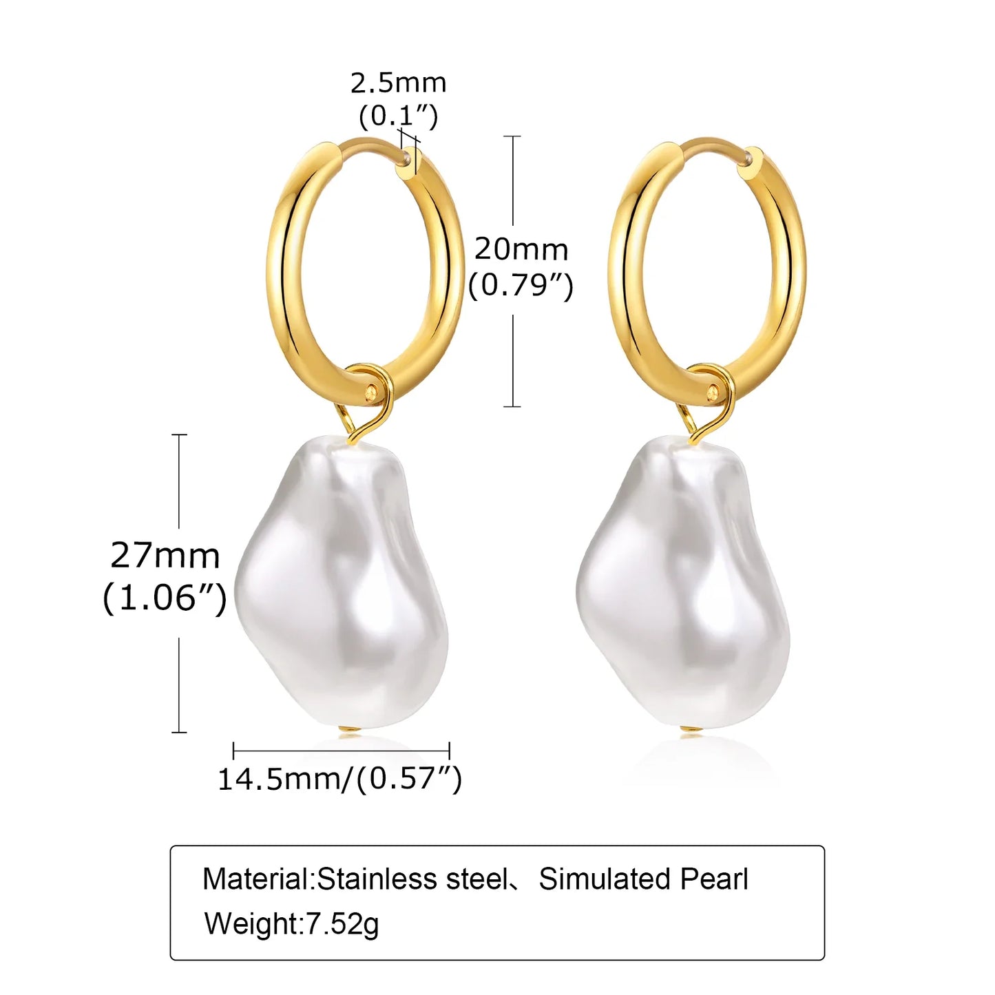 sengpan Pearl Earrings, Simulated Pearl Huggie Hoop Earrings, Chunky Irregular Statement Pearl Earrings for Men Women