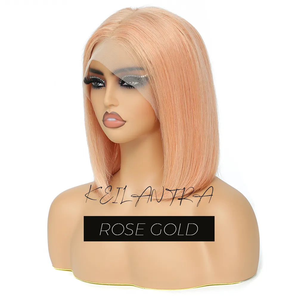 sengpan Rose Pink Short Colored Bob Human Hair Wigs Brazilian 13X4 Straight Lace Front Wigs Transparent Lace Pre Plucked Glueless Wig