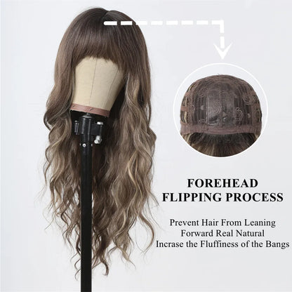 sengpan  Brown Highlight Long Wave Wigs for Women Synthetic Wig with Bangs Ombre Mixed Color Natural Looking Hair for Daily