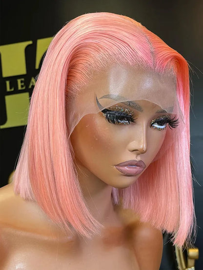 sengpan Rose Pink Short Colored Bob Human Hair Wigs Brazilian 13X4 Straight Lace Front Wigs Transparent Lace Pre Plucked Glueless Wig