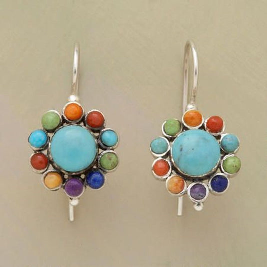 sengpan New Vintage Silver color Metal Multicolor green stone  Round Earrings Ethnic Personality Drop Earrings for Women