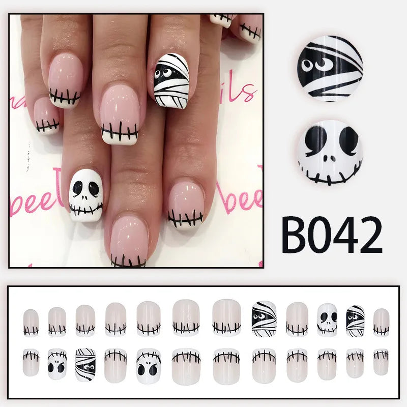 sengpan 24Pcs Halloween Little Ghost Press on Fake Nails Creative French Design Short Square False Nails Acrylic Nails Halloween Decorat