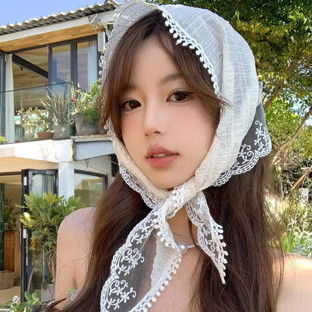 sengpan Summer Lace Triangle Headscarf Woman Headwear Korean Square Scarf Headband Hair Accessories Sweet Turban Cap Girl Court Bonnet