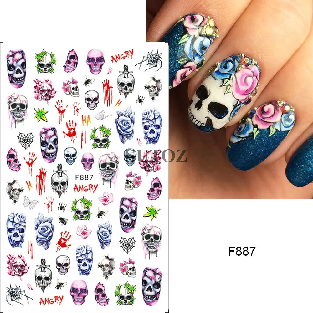 sengpan 5D Embossed Ghost Nail Art Stickers Halloween Cartoon Pumpkin Skull Nail Decals Spider Web Daisy Sliders For Manicure NTJI-5D131