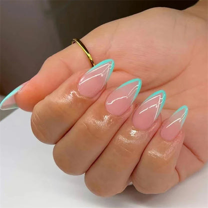 sengpan 24Pcs Small Flower Design Almond Wearing False Nails Blue White Oval Acrylic Press on Nails Art Removable Artificial Fake Nails