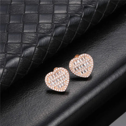 sengpan Hip Micro 1Pair Heart Shape Pave Baguette Cubic Zircon Stone Ice out Stud CZ Earring Bling Copper Earrings For Women Men Jewelry