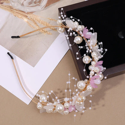 sengpan Pearl Butterfly Floral Headband Hair Hoop Sweet Cute Girl Headwear Accessories Simulated Flowers Wedding Bride Hairside Katyusha