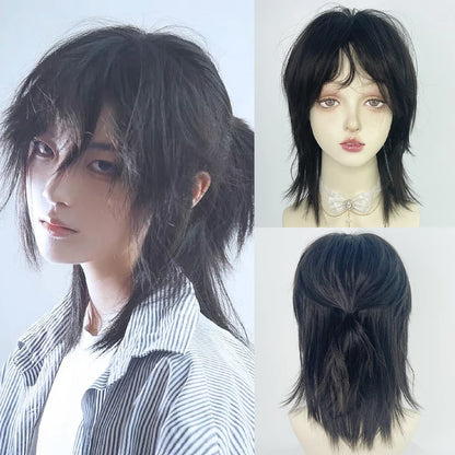 sengpan Mullet Head Wig Short Synthetic Straight Black Fluffy Natural Wolf Tail Hair Men and Women Wig for Daily Party Cosplay