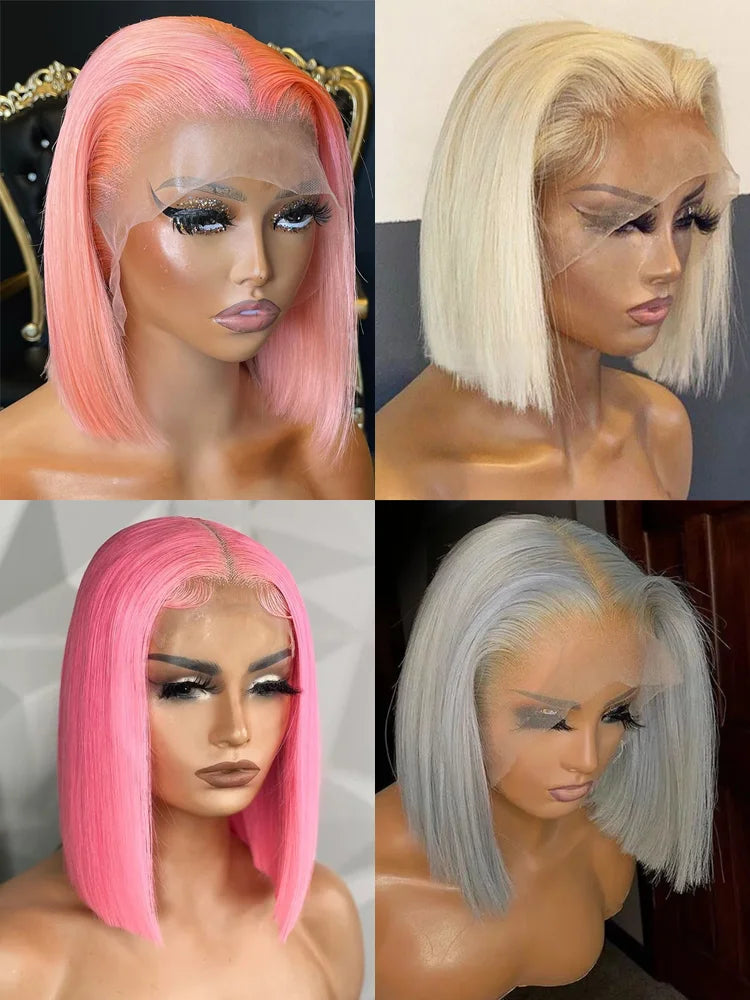 sengpan Rose Pink Short Colored Bob Human Hair Wigs Brazilian 13X4 Straight Lace Front Wigs Transparent Lace Pre Plucked Glueless Wig