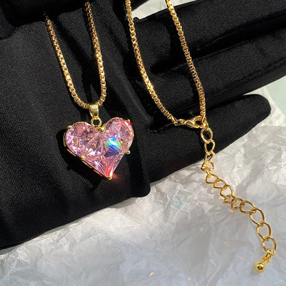 Lianfudai Pink Love Heart Zircon Necklace Earring Set For Women 2024 New Fashion Romantic Crystal Pendant Necklace Jewelry Exquisite Gift