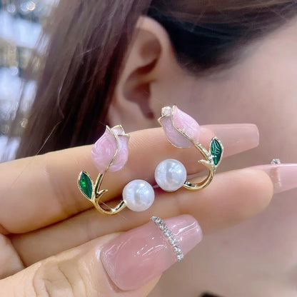 sengpan Sweet Fashion Enamel Pearl Tulip Flower Stud Earrings For Women Korean Temperament Zircon Back Hanging Earring Wedding Jewelry