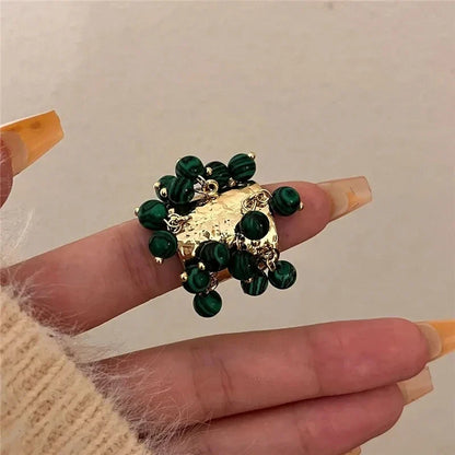 sengpan Vintage Natural Stone Malachite Glass Multi-pendant High-grade Fringe Open Ring Women's Wedding Party Jewelry