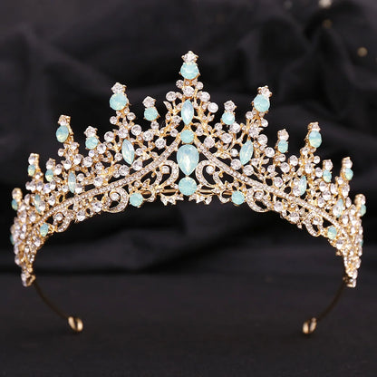 sengpan Luxury Green Opal Crystal Flower Water Drop Tiara Crown Women Wedding Party Elegant Bridal Bride Crown Hair Accessories