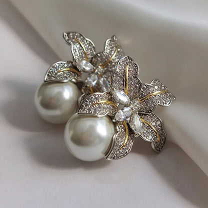 sengpan Gorgeous Flower Imitation Pearl Earrings Women Luxury Inlaid Sparkling CZ Stone Fashion Wedding Jewelry Wholesale Lots