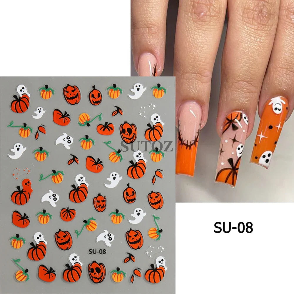 sengpan Spider Nail Art Stickers Halloween Design Ghost Skull Spider Webs Pumpkin Nail Decors Y2K Diamond Charms Manicure Decals GLJI-DZ