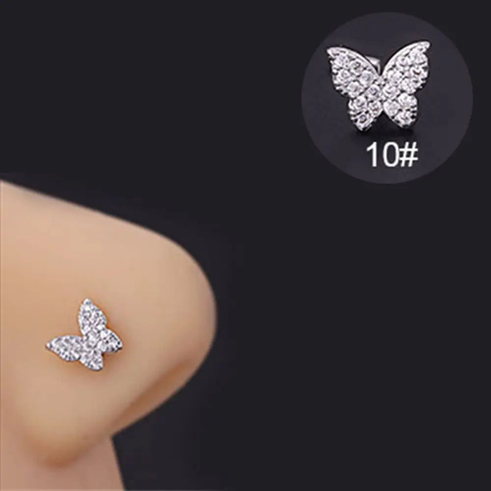 Lianfudai New Fashion Unisex Zircon Punk Style Nose Nail Titanium Steel L Shaped Nose Studs Piercing Jewelry