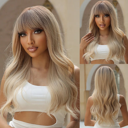 sengpan Orange Blonde Ombre Long Wavy Synthetic Wigs with Bangs Party Cosplay Wig for Women Natural Fake Hair Heat Resistant