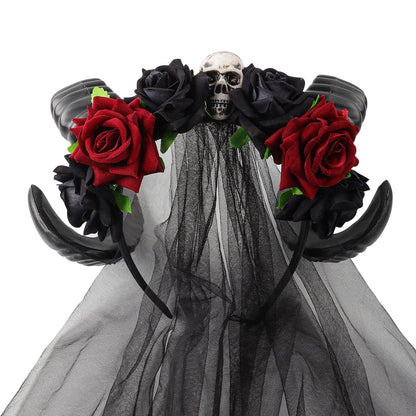 sengpan Halloween Skull Headband Rose Flower Crown Headwear Hair Accessorie with Mask Party Hair Hoop Carnival Hair Ornaments Female