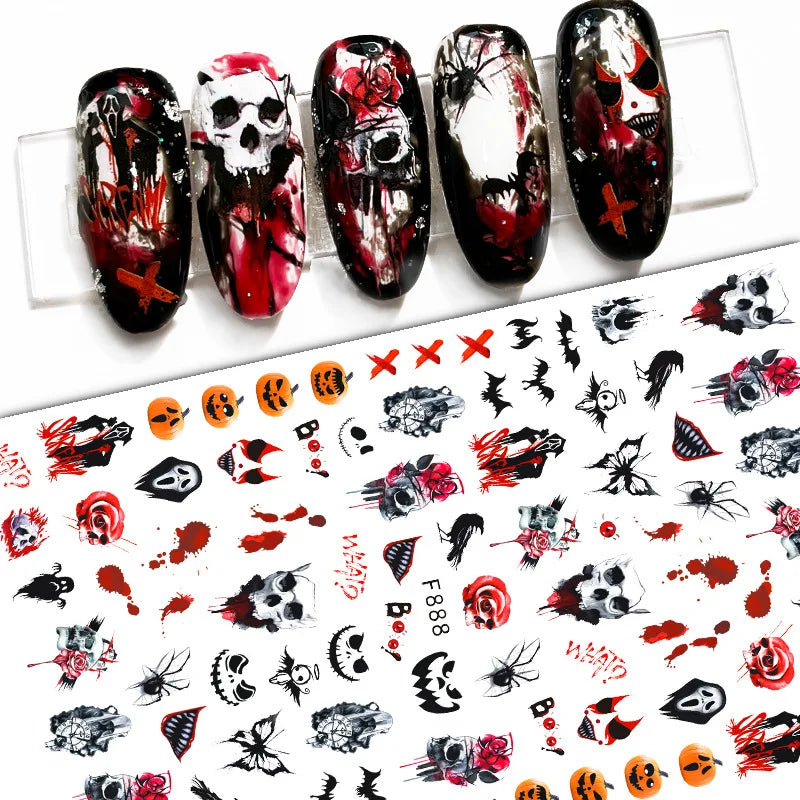 sengpan 3D Halloween Nail Stickers Clown Skull Bone Pumpkin Cartoon Spider Bat Nail Decals Self-Adhesive Nail Art Stickers Nails Decor