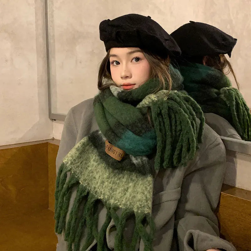 sengpan Retro Imitation Cashmere Scarf Winter Women Fashion Green Mohair Striped Scarves Korean Classic Thicken Warm Soft Shawl