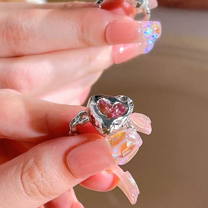 Lianfudai Pink Love Heart Rings for Women Opening Personality Thorn Finger Ring Fashion Sweet Girls Jewelry Wedding Party Accessories 2023