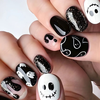 Lianfudai 24pcs Short Halloween Fake Nails Cute Pumpkin Cat Ghost False Nail Patch Full Cover Wearable Fake Nail Tips 2024 Halloween Gifts