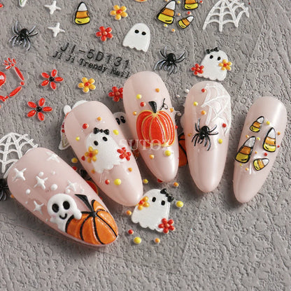 sengpan 5D Ghost Halloween Nail Art Stickers Cartoon Pumpkins Skulls Flowers Nail Decals Y2K Halloween Self-Adhesive Manicure Deco JI-5D